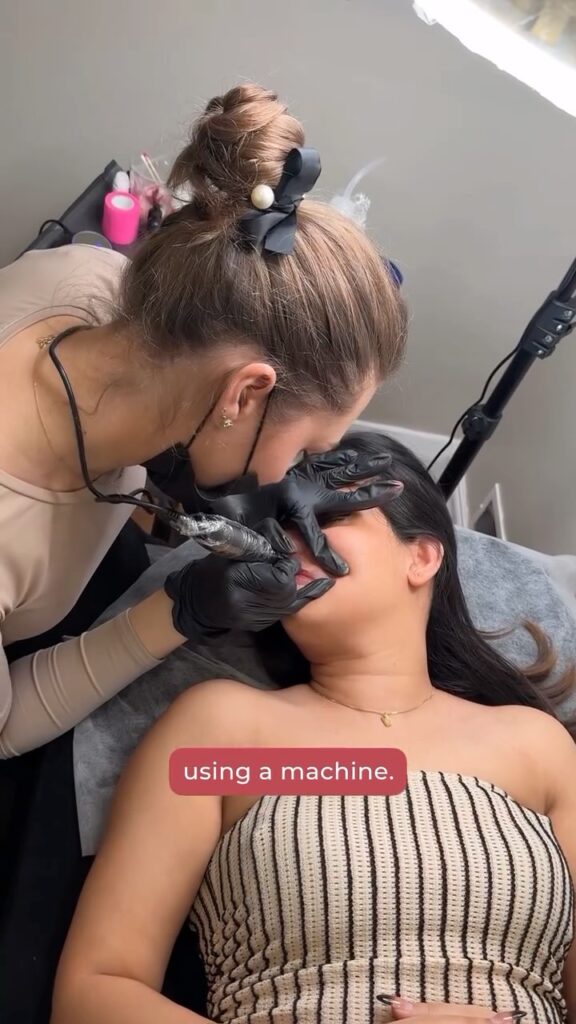 Certified PMU trainer teaching eyebrow shading techniques at Victoria Studio Toronto