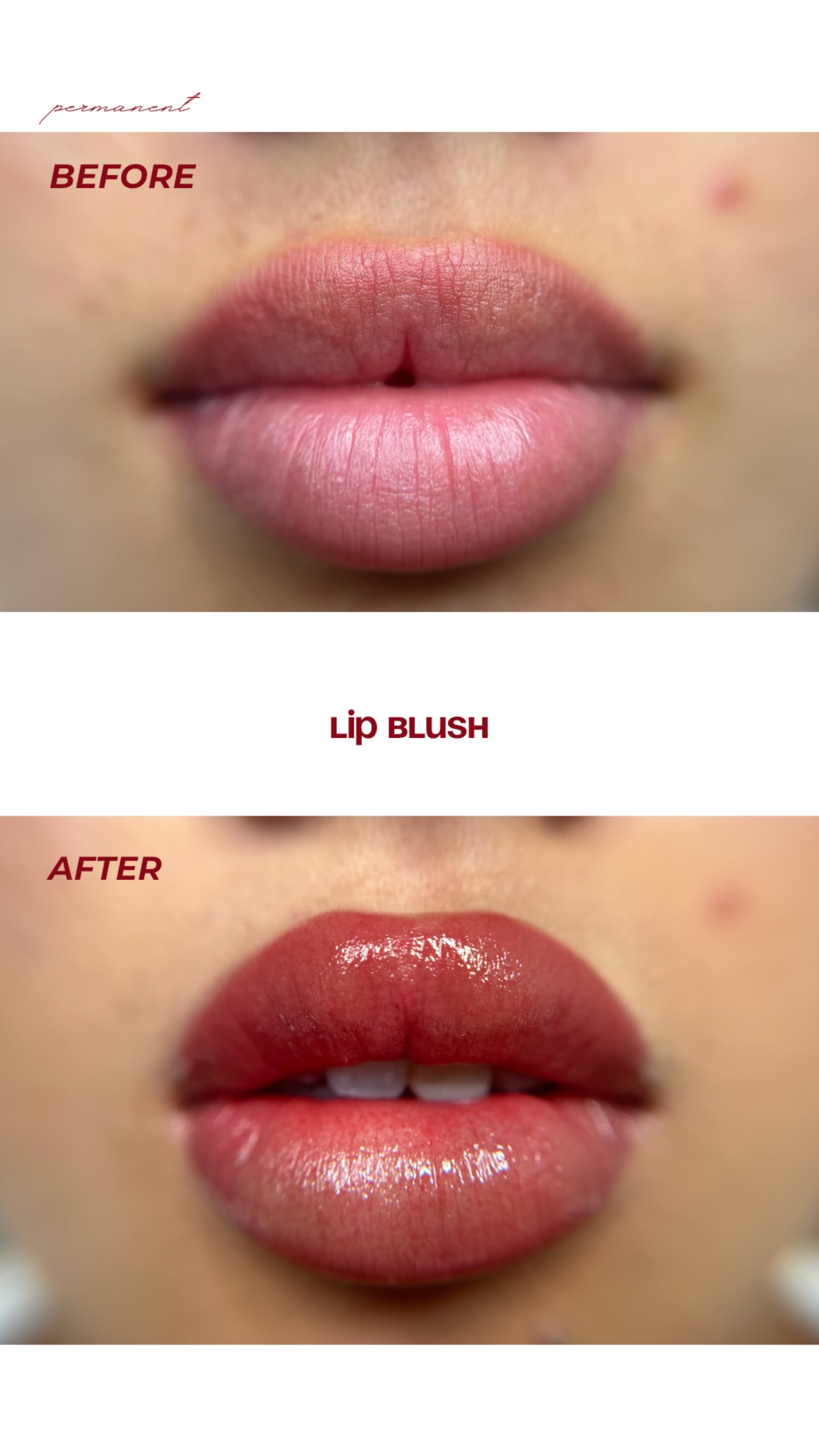 Before and after lip Blush treatment showing even color correction