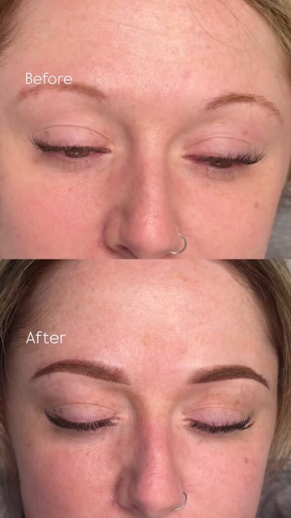 Permanent makeup artist creating powder brows at Victoria Studio North York