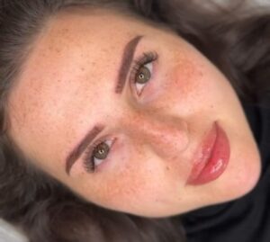 Close-up of lip blush color immediately after session