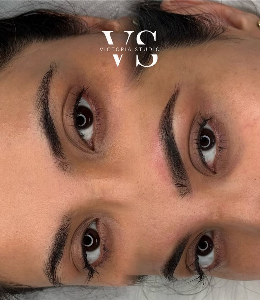 Close-up before and after nano brows by Victoria Studio North York.