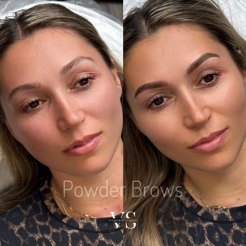 Victoria Studio client with healed Powder Brows demonstrating natural pigment fading after eyebrow tattoo treatment