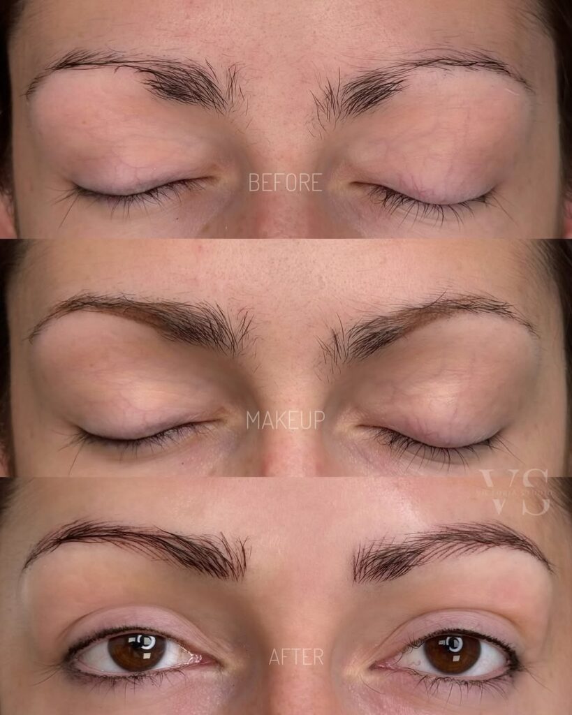 Permanent makeup brows before and after fading showing how Nano Brows and Powder Brows soften over time