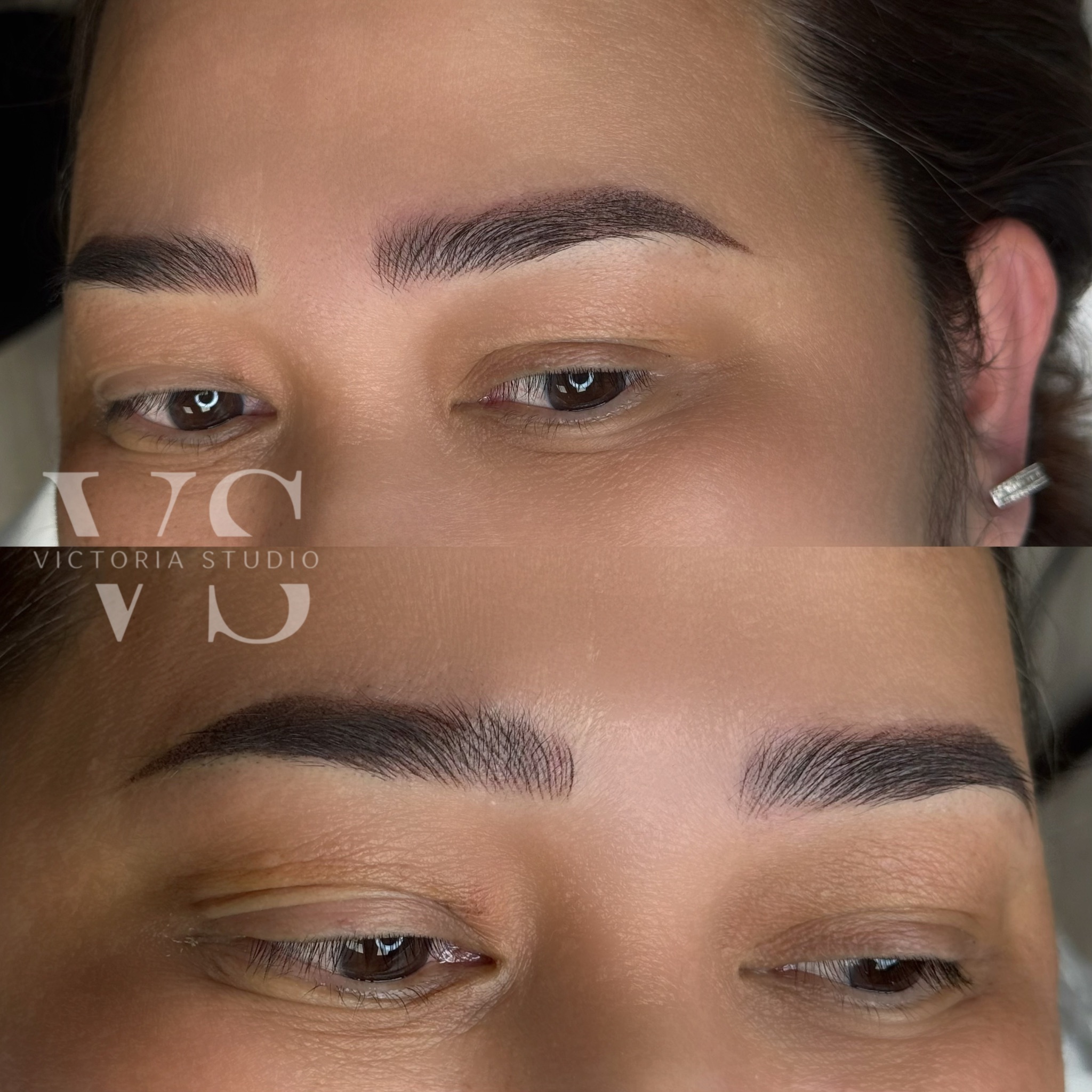Combo brows before and after — hair strokes with soft shading at Victoria Studio Toronto