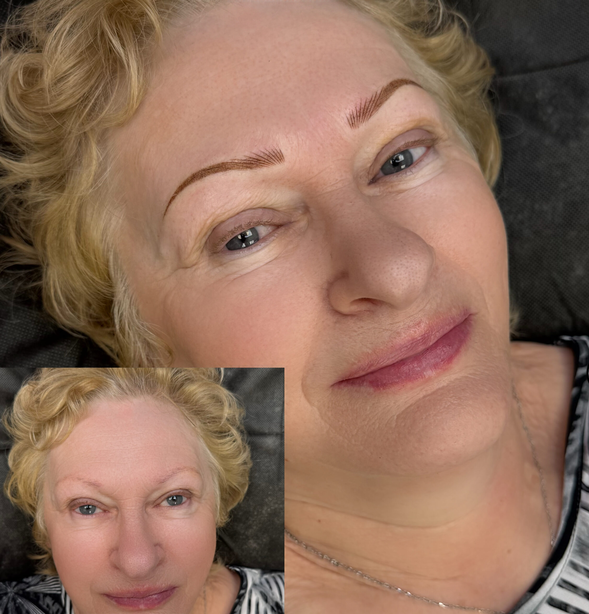 Combo brows before and after — hair strokes with soft shading at Victoria Studio Toronto